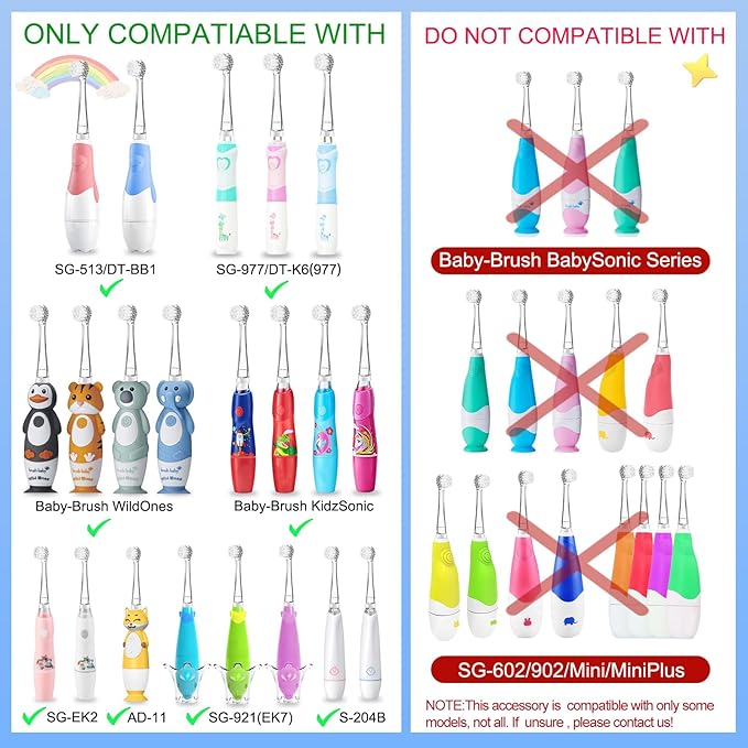 TEETECK 5 Pack Kids Toothbrush Replacement Heads Compatible with SEAGO- 513/977/EK6,Compatible with Brush-Baby WildOnes/KIDZSONIC（Not BabySonic Series）,Compatible with Dada-Tech-BB1/977/K6