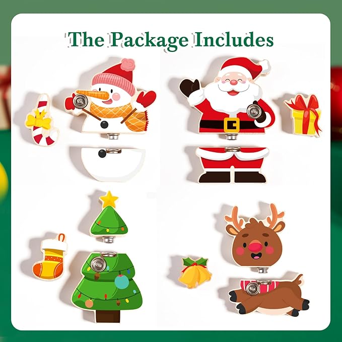 HUZU Christmas Snap Together Building Blocks Toy, Santa, Reindeer, Snowman, Christmas Tree Take Apart Characters, 3 4 5 6 7 8 Years Old Kids Wooden Puzzle, STEM Fine Motor Skill Christmas