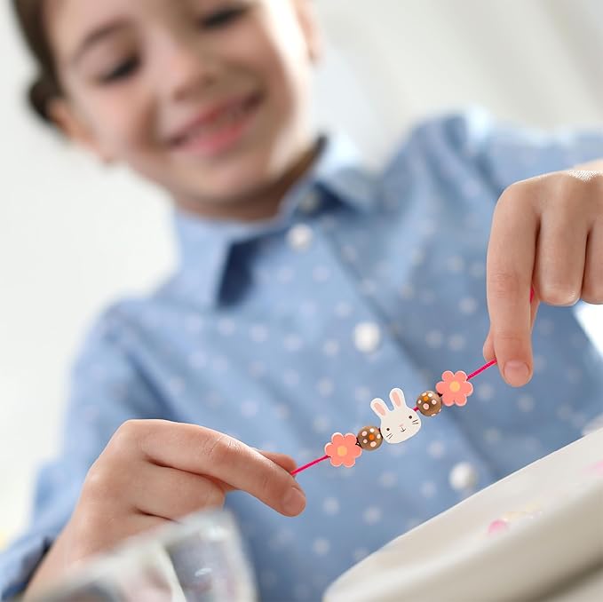 Stephen Joseph, Wooden Holiday Bead Kit for Kids, 125 Wooden Beads with 4 Necklace and 4 Bracelet Cords with Reusable Wooden Tray, Premium Wood Jewelry Making Kit for Kids, Reindeer