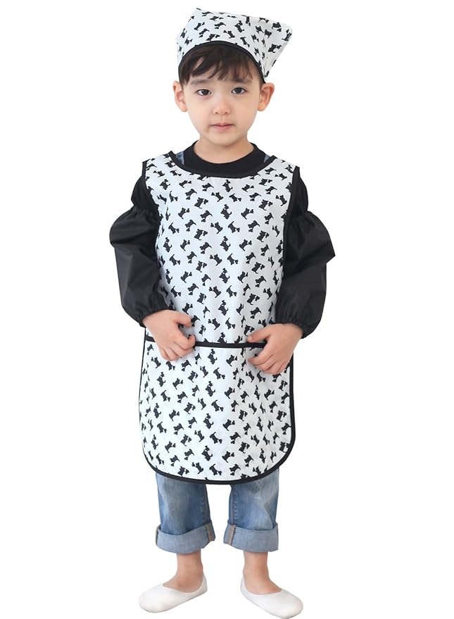 Children Waterproof Artist Painting Aprons or Art Smock 3PCS Set Black Puppy (34-M)