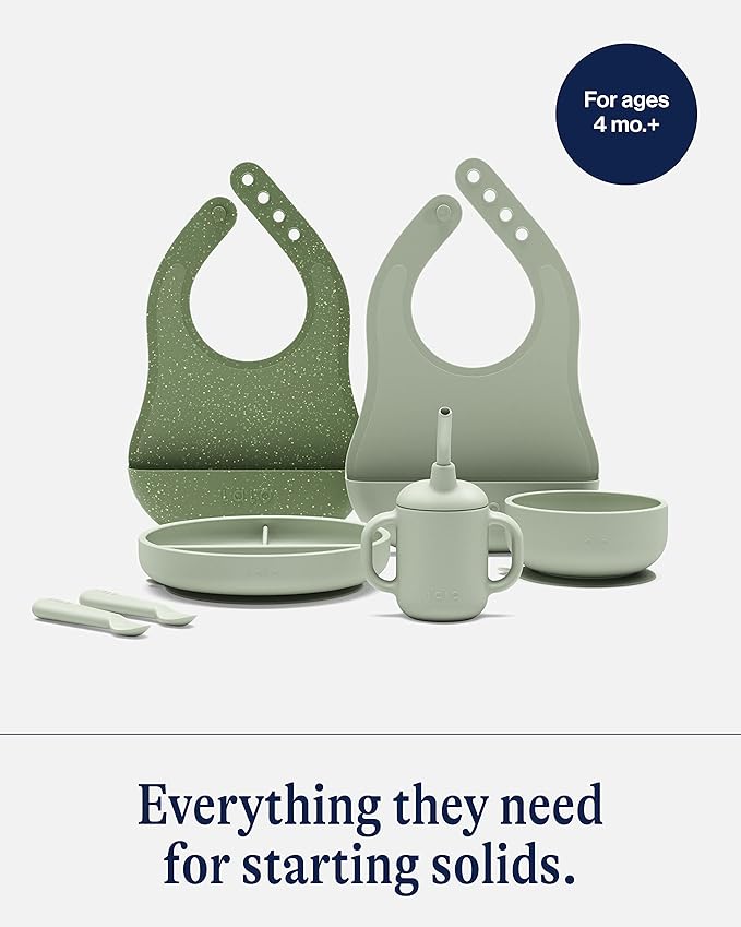 Lalo First Bites Silicone Baby Feeding Set - Baby Led Weaning Supplies - Non-Toxic Silicone - Includes 2 Bibs, 2 Spoons, Training Cup, Suction Plate and Bowl - 6 Pieces - Sage