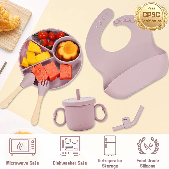 Silicone Baby Feeding Set, Baby Led Weaning Supplies, Silicone Suction Plate, Bowl, Spoons, Fork, Waterproof Bib, Cup and Food Tableware, Eating Utensils Baby Feeding Essentials for 3+ Months
