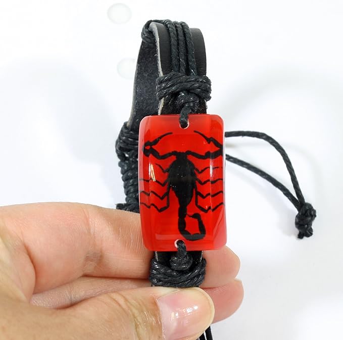 REALBUG Black Scorpion Bracelet, Red, Leather, 10 inches