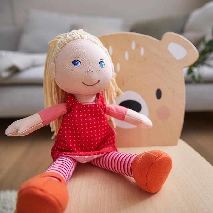 HABA 12" Soft Baby Doll Annelie with Blonde Hair, Embroidered Face, Removable Red Dress and Matching Hairband - Washable Toddler Doll for 18 Months+