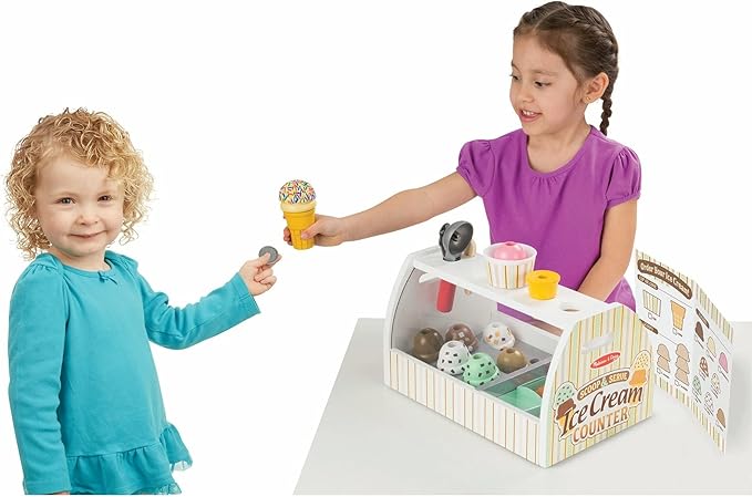 Melissa & Doug Wooden Scoop and Serve Ice Cream Counter (28 pcs) - Play Food and Accessories