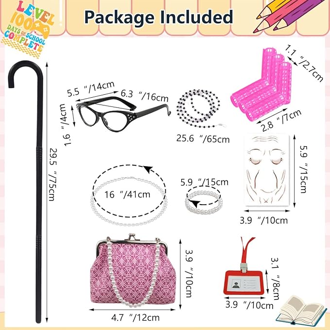 Kids Old Lady Costume Girls 100 Day of School Costume Grandma Costume Girls Old Women Granny Halloween Party