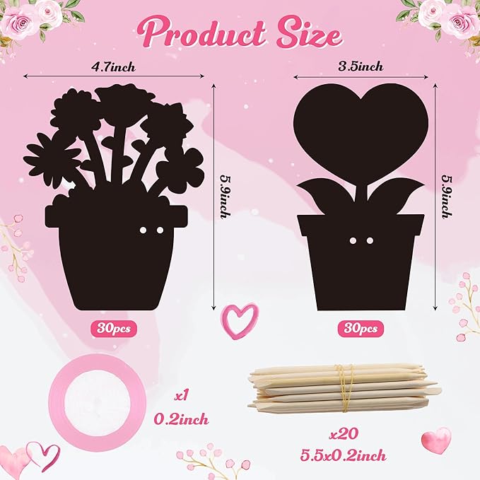 BeYumi Flower Scratch Cards Craft - 60Pcs Valentine’s Day Flower Scratch Cards Craft Kit for Kids DIY Flower Pot Heart Magic Rainbow Color Craft Valentine Gift School Classroom Home Fun Activities