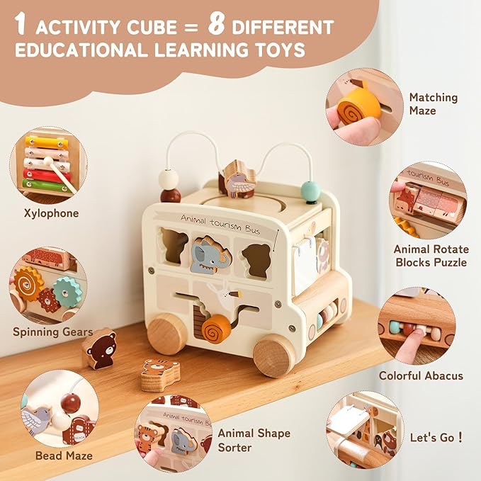 Wooden Activity Cube 8-in-1 Montessori Toys | Multifunctional Early Educational Learning Toys | Activity Cube for Baby Shape Sorter Xylophone Animal Travel Bus Toys Boy Girl Birthday Gift（Beige Bus）