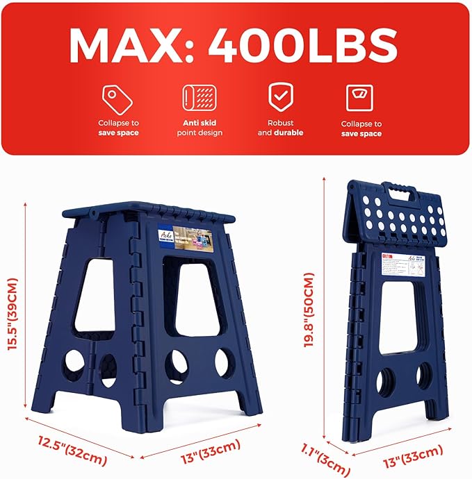 ACKO Folding Step Stool Foldable 16 Inch Stool 400 lbs Capacity,Plastic Stools for Adults and Kids,Collapsible Stool for Kitchen, Stepping Stool with Handle(Royal Blue)