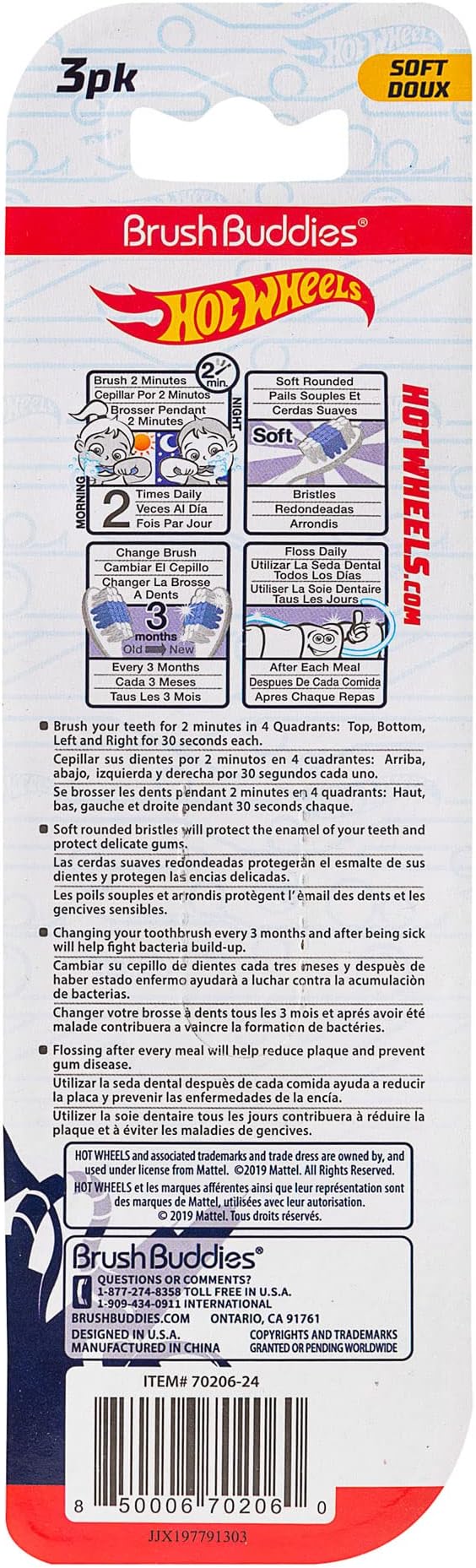 Brush Buddies Hot Wheels Manual Soft Bristled Toothbrush for Kids, Multi-Colored & Fun Toddler Toothbrushes, Anti-Slip Grip Handle, Children's Toothbrush, Kids Travel Toothbrush, 3 Pack