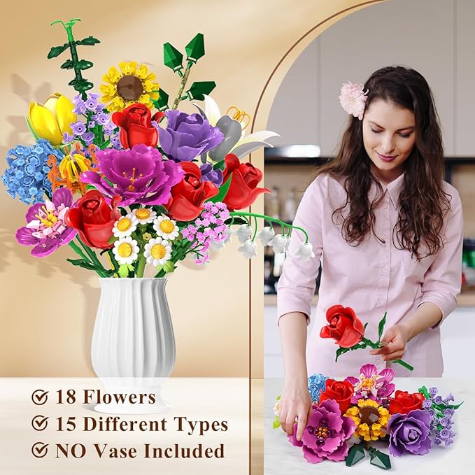 Flower Bouquet Building Set Valentines Day, 18 Flowers Rose Building Block, Botanical Collection Building Block Toy Plant Home Decor 1015 PCS, Gift for Her Adults Women Kids Boys Girls 8-12+