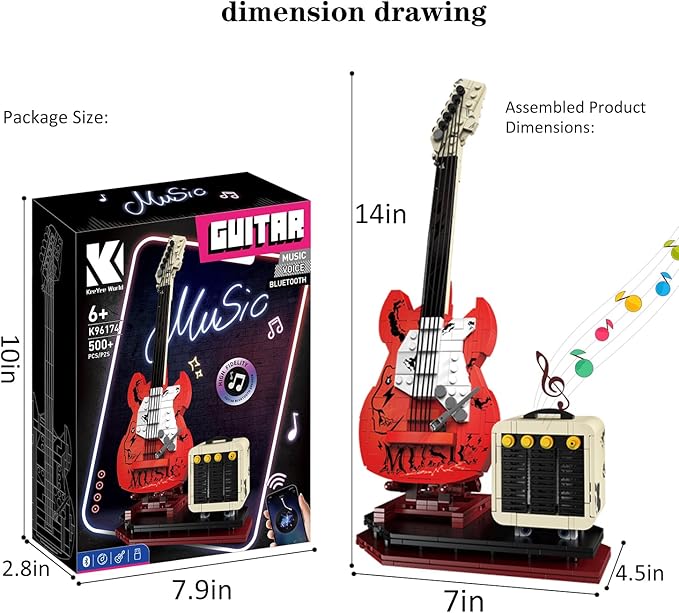 Guitar Music Interactive Building Set for Music Lovers, DIY Guitar Model Toy Compatible with Lego，Reverb Amplifier & Authentic Accessories, Perfect Way to Rock Gift Giving.