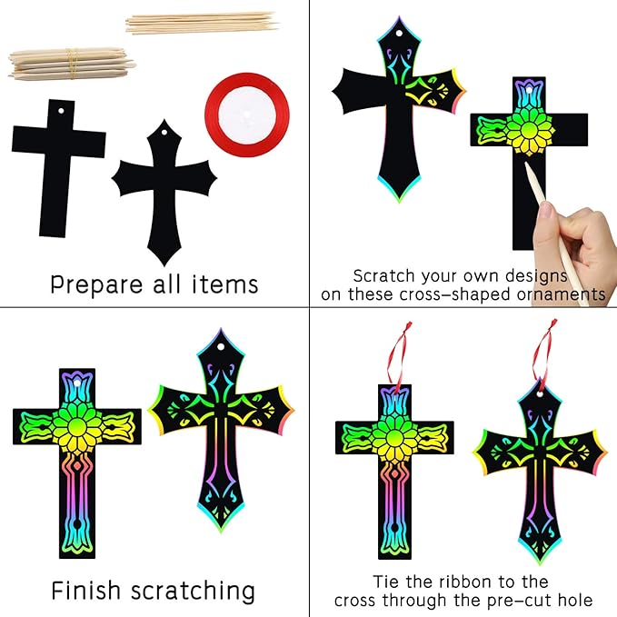 WATINC 60Pcs Scratch Cross Ornaments, Magic Art Color Craft Kit for Kids Scratch Party Favors, Scratch Paper Hanging Tags, Birthday Gifts for Kids, DIY Art Craft Kit for Boys Girls