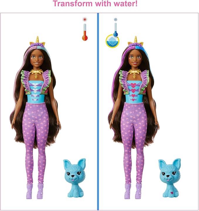 Barbie Color Reveal Peel Unicorn Fashion Reveal Doll Set with 25 Surprises Including Pink Peel-able Doll & Pet & 16 Mystery Bags with Clothes & Accessories for 2 Unicorn-Inspired Looks