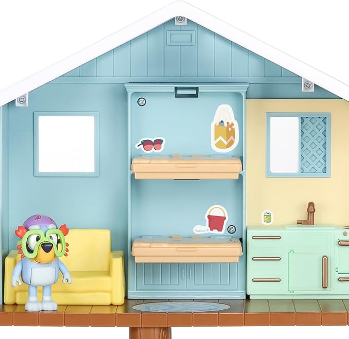 Bluey Beach Cabin Playset, with Exclusive Figure with Goggles. Includes 10 Play Pieces and Sticker Sheet