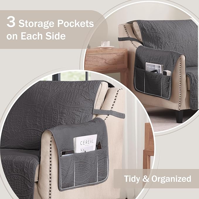 Quilted Grand Sofa Covers Washable, Couch Cover for Grand Sofa, Soft Cozy Couch Protector for 4 Cushion Couch, Oversized Grand Sofa Slipcovers Water-Repellent (Grand Sofa 88", Gray)