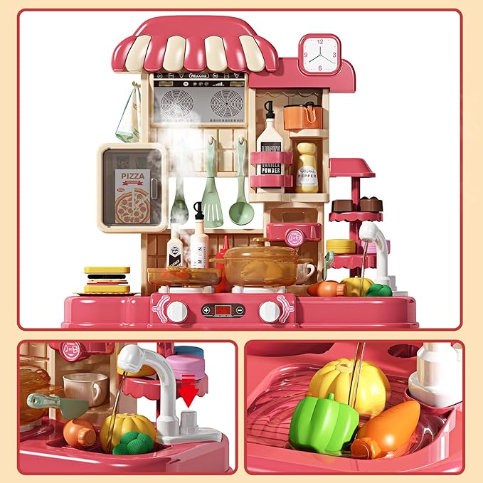 Deejoy 48Pcs Kitchen Playset for Boys & Girls, Kid Play Kitchen with Realistic Lights & Sounds, Spray Sink, Pretend Food Toys Kitchen for Toddlers (Red)