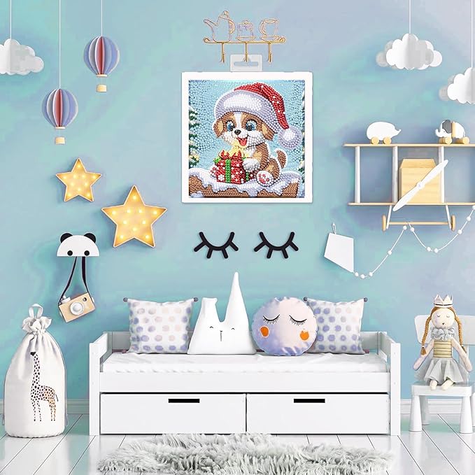 Christmas Diamond Art for Kids with Frame-Dog Kids Diamond Painting Kits,Animal Diamond Painting Kits for Kids 8-12 Full Drill Gem Art for Home Decor 7x7inch