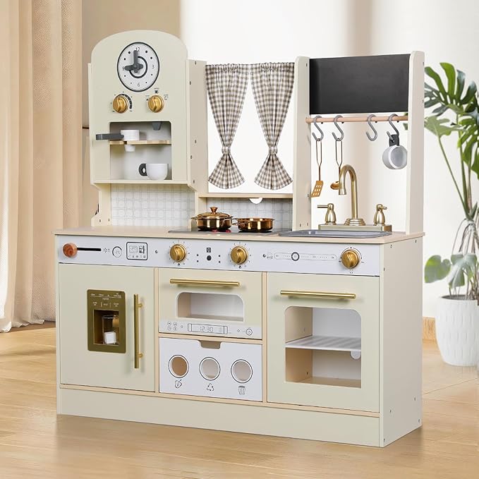 Kids Kitchen playset, Wooden Play Kitchen, Height Adjustable, Comes with Various Kitchen Accessories, Ideal Role Play Toy Gift for Toddlers and Kids Ages 3-8 (White)