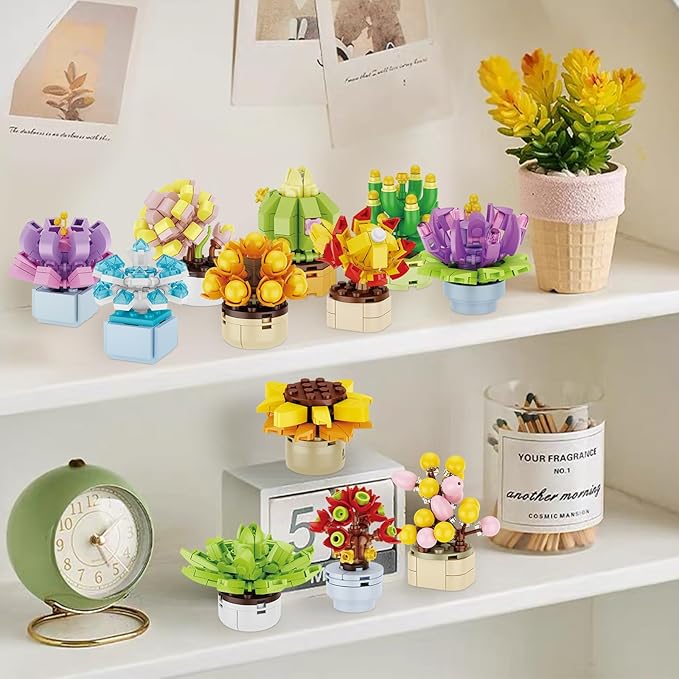 Succulents Flowers Botanical Collection Building Set, 12 Exquisite Succulent Bonsai Plants Home Office Decor, Compatible with Lego, Creative Ideal Gift Toy for Adults Girls Boys