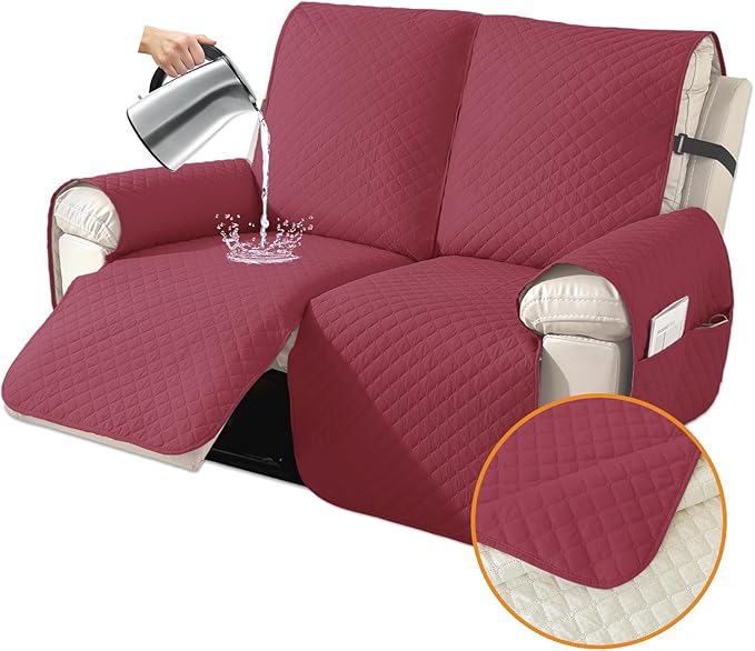XINEAGE Water Resistant Recliner Cover, 2 seat Recliner Loveseat Covers with Pockets, Quilted Thick Recliner Protector Cover for Dog Pets with Non Slip Backing and Strap (Recliner Loveseat, Red)