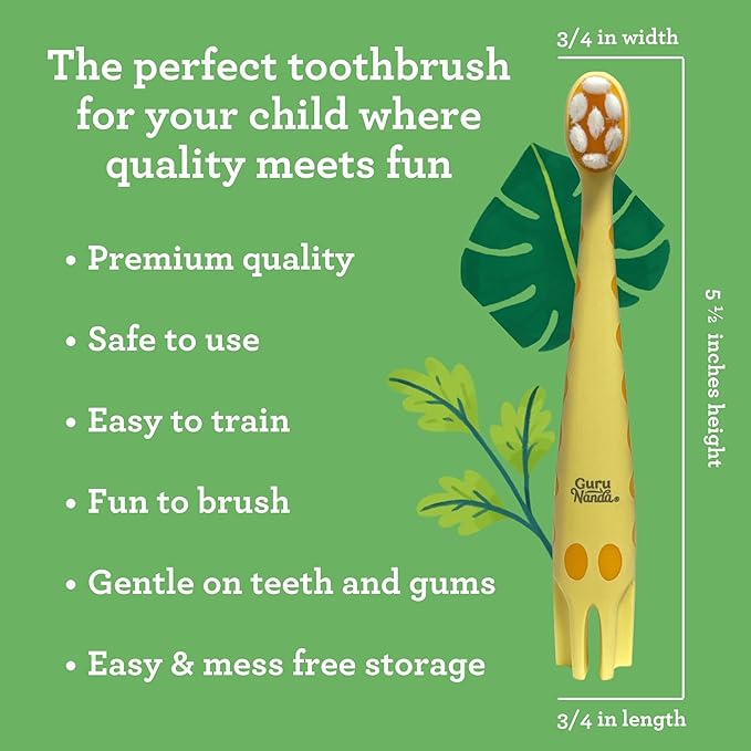 GuruNanda Kids Butter On Gums Cute Giraffe Toothbrush with Tongue Scraper & Cover - Super Soft Bristles for Gentle Cleaning -Ergonomic Handle (Age 1+)