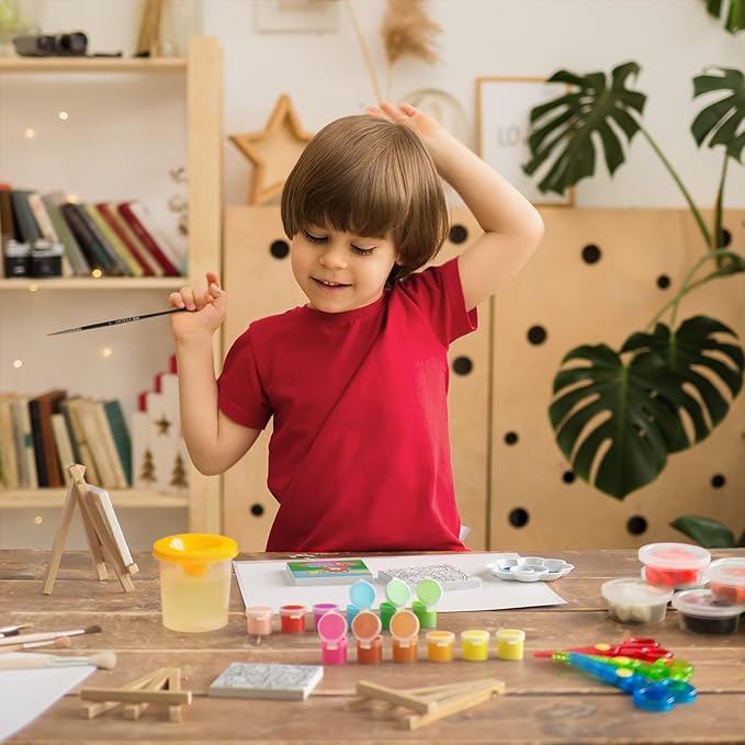 Arteza Kids Nature Painting Kit, 4 Canvases 3 x 3 Inches, 4 Easels, 12 Acrylic Paints, 2 Paint Brushes, 1 Palette, Kids Activities for Ages 6 and Up