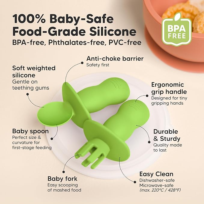KeaBabies 4-Pack Silicone Baby Spoons and Forks Set - Baby Spoon Self Feeding, BLW Baby Utensils 6-12 Months, Baby Led Weaning Feeding Spoon, Teething Infant Baby First Food Training Pre Spoon (Kea)