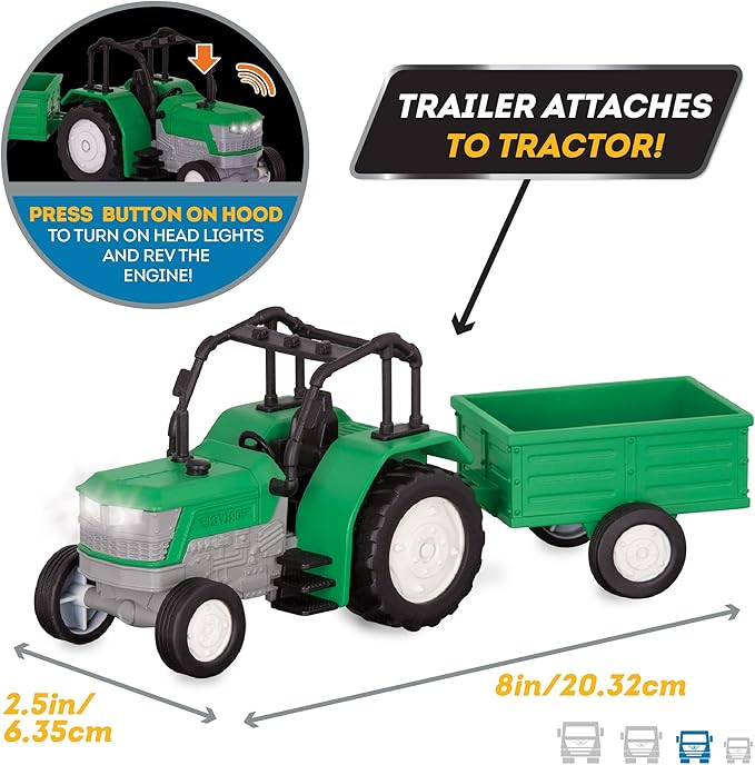 Driven by Battat – Micro 1:24 Scale – Tractor Toy – Farm Toy Vehicle with Detachable Trailer – Realistic Light & Sound – Gift Toy for Kids Age 3+