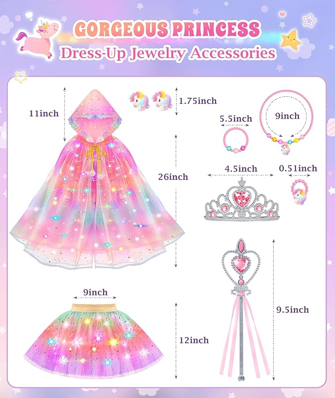 Princess Dress Up for Girls, Light up Princess Cape Princess Dress Costume Crown Wand Gifts for Toddler Girls 3 4 5 6