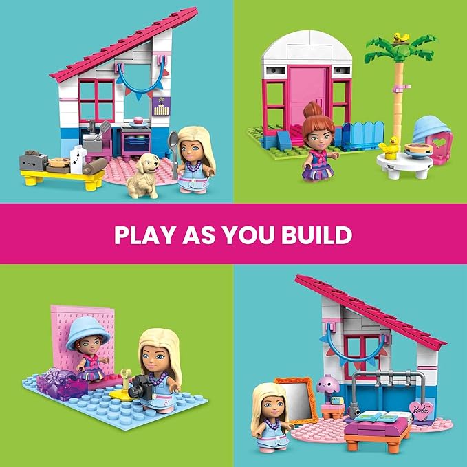 MEGA Construx Barbie Kids Building Toy Set, Malibu House with 303 Pieces, 2 Micro-Dolls, Furniture and Accessories, Ages 5+ Years