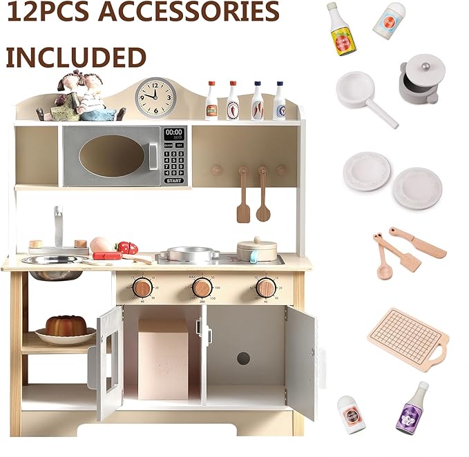 Wooden Play Kitchen, Kids Toy Kitchen Cooking Set, Kids Play Kitchen Pretend Play Set, Pretend Kitchen Playset for Toddlers Boys and Girls