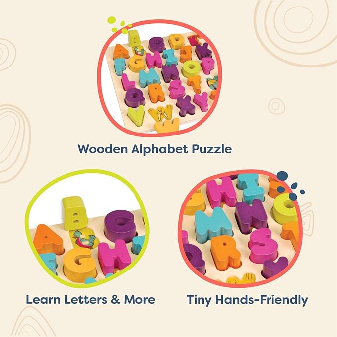 B. toys- Alpha B. Tical– Wooden Alphabet Puzzle – 26 Letter Pieces – Chunky Wooden Puzzle – Educational Toys for Toddlers, Kids – 18 Months +