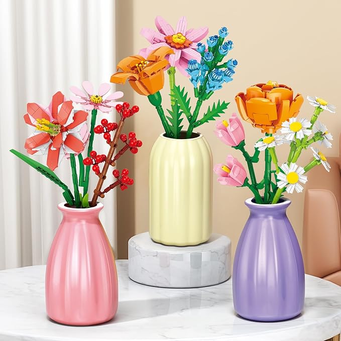 Valentines Day Gifts for Kids Teens, 24 Pack Flower Bouquet Building Blocks with Gift Cards for School Classroom, Bulk Boy Girl Class Valentine Party Favors Exchange Gifts Goodie Bags Stuffers