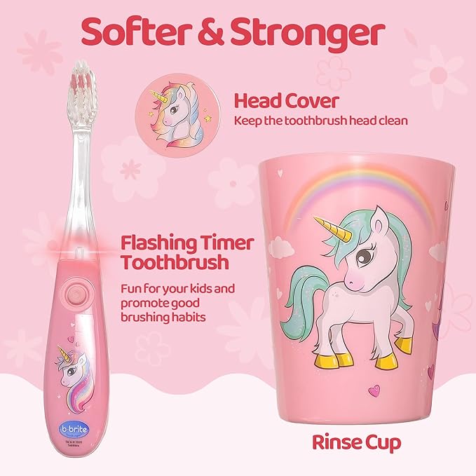 Lily's Home Kids Flashing Timer Toothbrush Kids with Soft Bristles, Rising Cup & Cover - Fun 2-Min Light-Up Brushing for Children - Toddler Toothbrush Soft Toothbrush Kit (Unicorn)