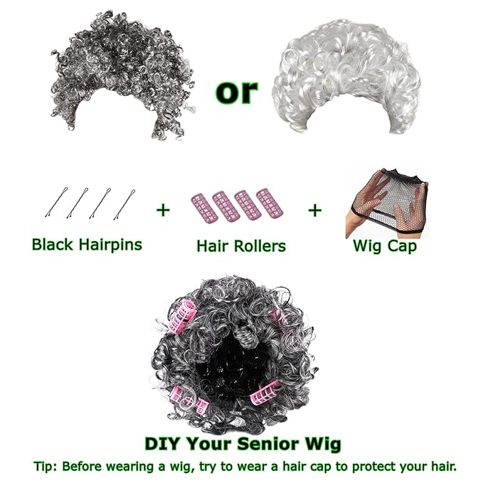Old Lady Costume Wig for Girls, 100th Day Of School Kids Granny Wigs 20Pcs (Grey)
