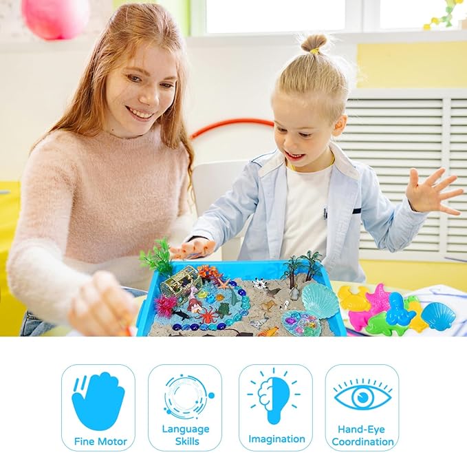 Ocean Mermaid Sensory Bin, Kids Underwater Play Sand Kit, Under The Sea Sensory Sandbox Toys with 2.2lbs Magic Sand, Sea Animals Figures, Sensory Sand Toys for Toddlers 1-3-5-7