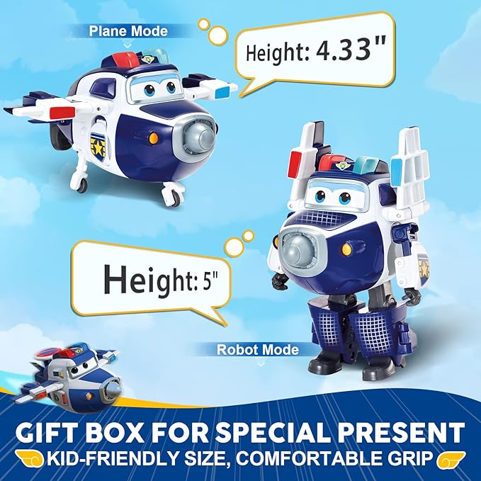 Super Wings 5" Transforming Supercharged Paul Airplane Toys Action Figure, Airplane to Robot in 10 Steps, Toy Plane for 3-5 Year Old Boys & Girls, Birthday Gifts for Preschool Kids