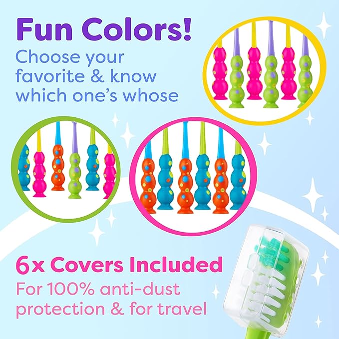 Kids Toothbrush 6 Pack - Soft Contoured Bristles - Child Sized Brush Heads (3-10 Year Old) - Suction Cup for Fun & Easy Storage - Girl & Boy Set (6-Pack, Green & Pink)