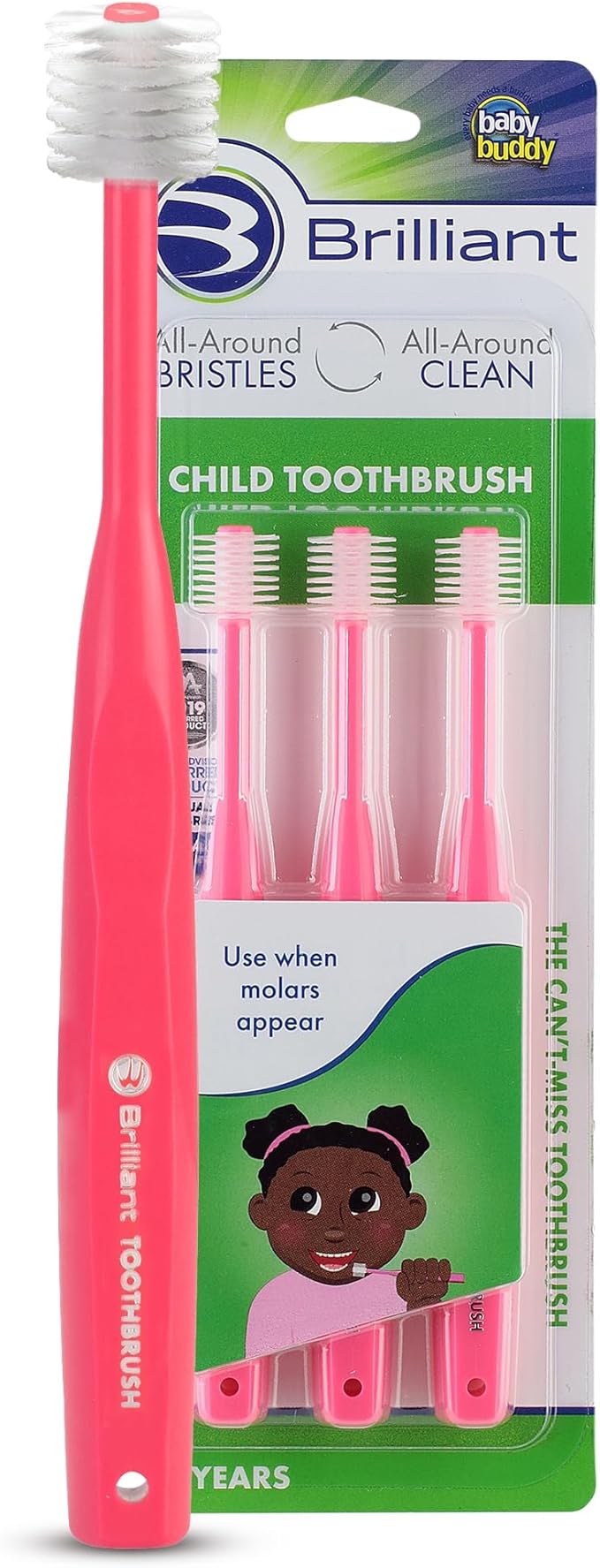 Brilliant Oral Care Child Toothbrush with Soft Bristles and Round Head, for a Kid Approved, Easy to Use All-Around Clean Mouth, Ages 2-5 Years, Pink, 3 Pack