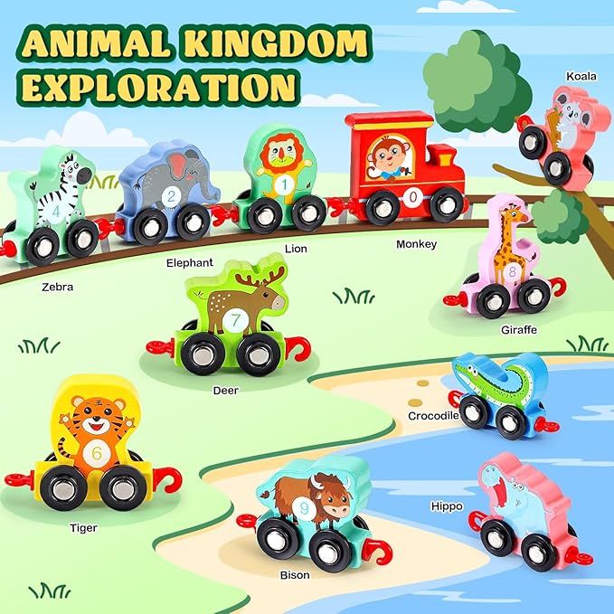 Toddler Toys for 2-3 Year Old Boy, Wooden Animal Train Set, Montessori Toys for 2 3 Year Old Boy Christmas Birthday Gifts, Learning Toys for Toddlers 2-4 Years Girl Toys Age 2 3