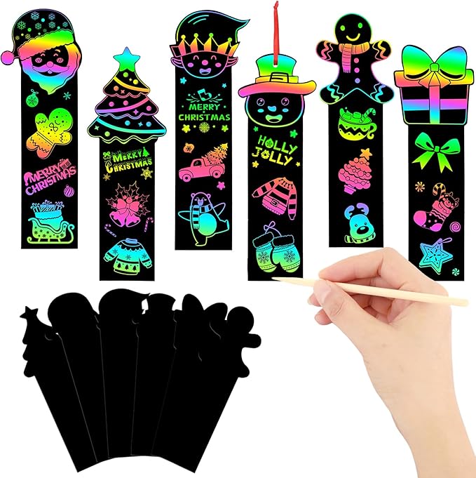 AUGSUN 96Pcs Christmas Scratch Bookmarks, Cute Christmas Tree Santa Snowman DIY Crafts Kit Rainbow Magic Scratch Paper Art for Xmas Hanging Ornaments Christmas Party Favors