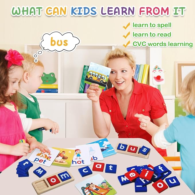 CVC Word Educational Toy Spelling Games, Preschool Toddler Learning Activities, Montessori Learning Toys Gifts for 3 4 5 6 Years Old Kids, 60 Sight Words Flash Cards Alphabet Puzzle for Toddlers