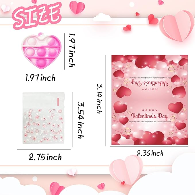 48 Packs Valentines Day Cards for Kids, Heart Pop Valentines Fidget Toys Bulk Stress Relief Fidget Toys for Kids Valentine's Party Favors School Classroom Exchange Gifts，Valentine's Day Gift