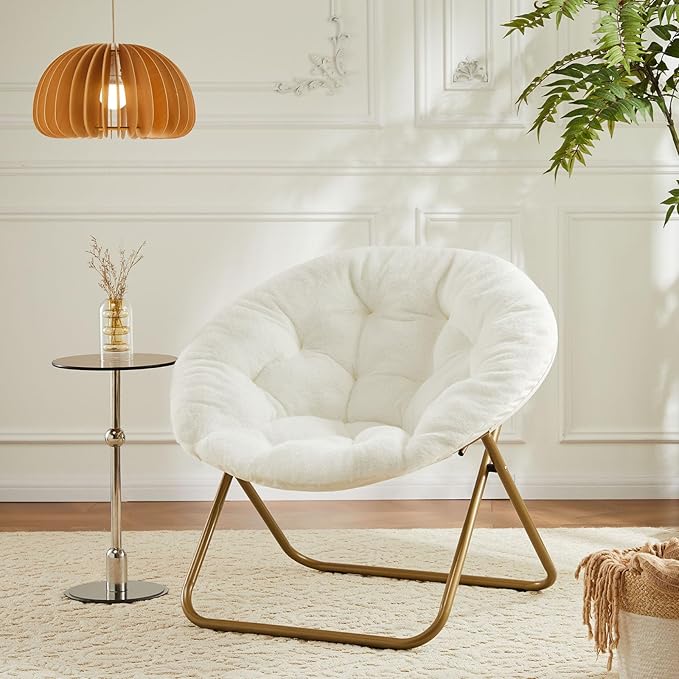 Sweetcrispy Cozy Saucer Chairs Faux Fur Living Room Reading Lounge Furniture Folding Comfy with Soft Thick Padded Seat Metal Frame Modern Style for Bedroom Home Adults, X-Large - White