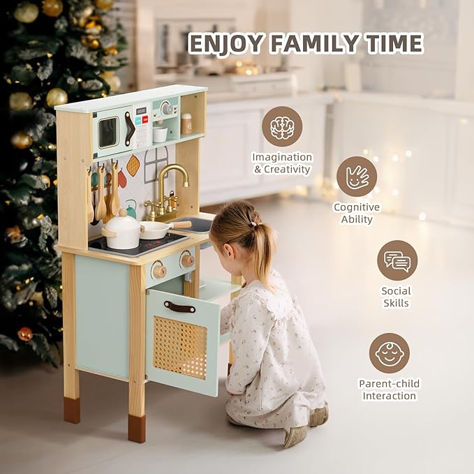 Play Kitchen, Kids Play Kitchen with Real Light & Sounds, Toy Kitchen for Toddlers with Cookware Accessories, Play Kitchen Sets for Kids Ages 4-8, Gift for Boys and Girls.