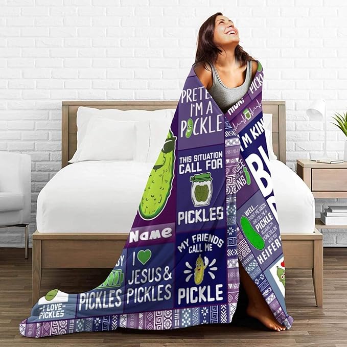 Custom Pickle Blanket with Name for Women Men, Personalized Cute Pickle Themed Design Printed Throw Blankets for Teens Adults Couch Bed, Giftable Blanket, 60"x 80"