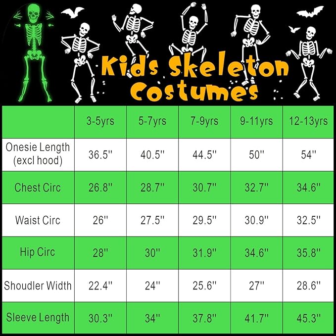 Leadtex Kids Glow in the Dark Skeleton Halloween Costume, All in One Skeleton Printed Jumpsuit with Hood and Gloves.