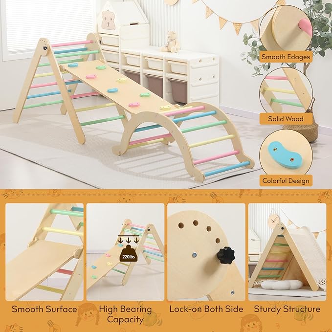 Wooden Pikler Triangle Set - 7 in 1 Montessori Foldable Toddler Climbing Toys for Early Learning - Includes Arch, Ramp, and Climbing Triangle - Indoor/Outdoor Playground Equipment for Toddlers