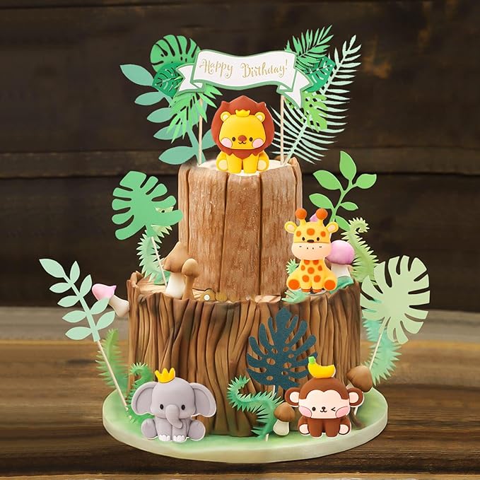 12 Pcs Jungle Safari Animal Cake Toppers with Elephant Giraffe Lion Monkey Glittery Tropical Leaves, Cute Jungle Animals Cake Decoration for Jungle Themed Party Baby Showers Kids Birthday Party